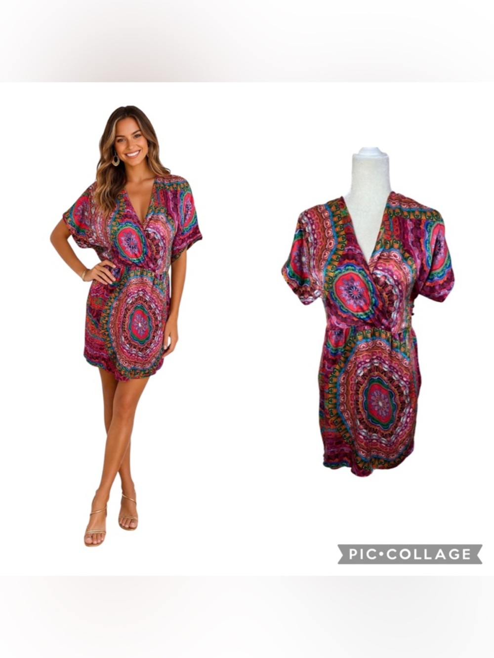 Trina Turk Silk Mini Dress Bright Print Dolman Sleeve Resort Chic Size Small